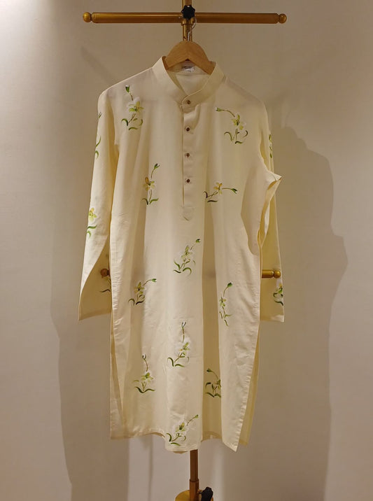 Lilies on Butter Yellow Mens kurta