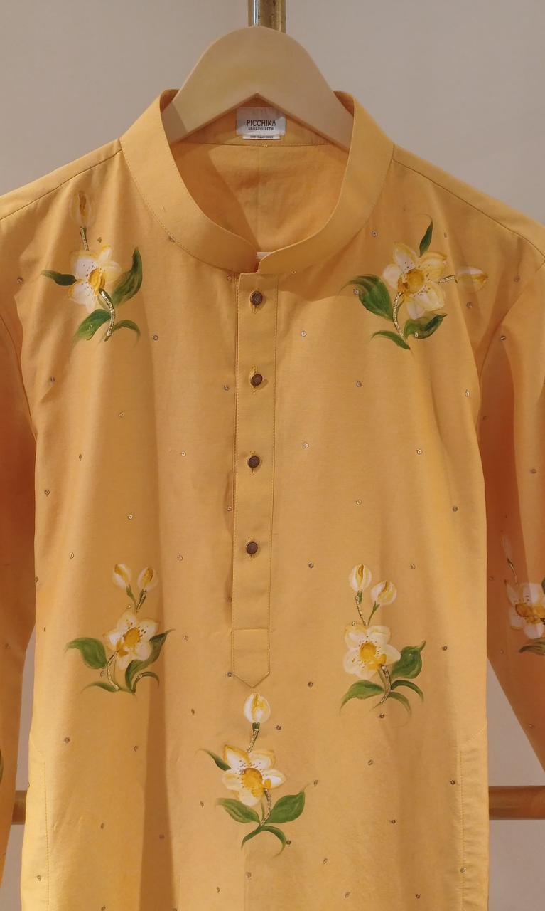Orchids on Haldi Yellow Mens kurta with  Sitara’s