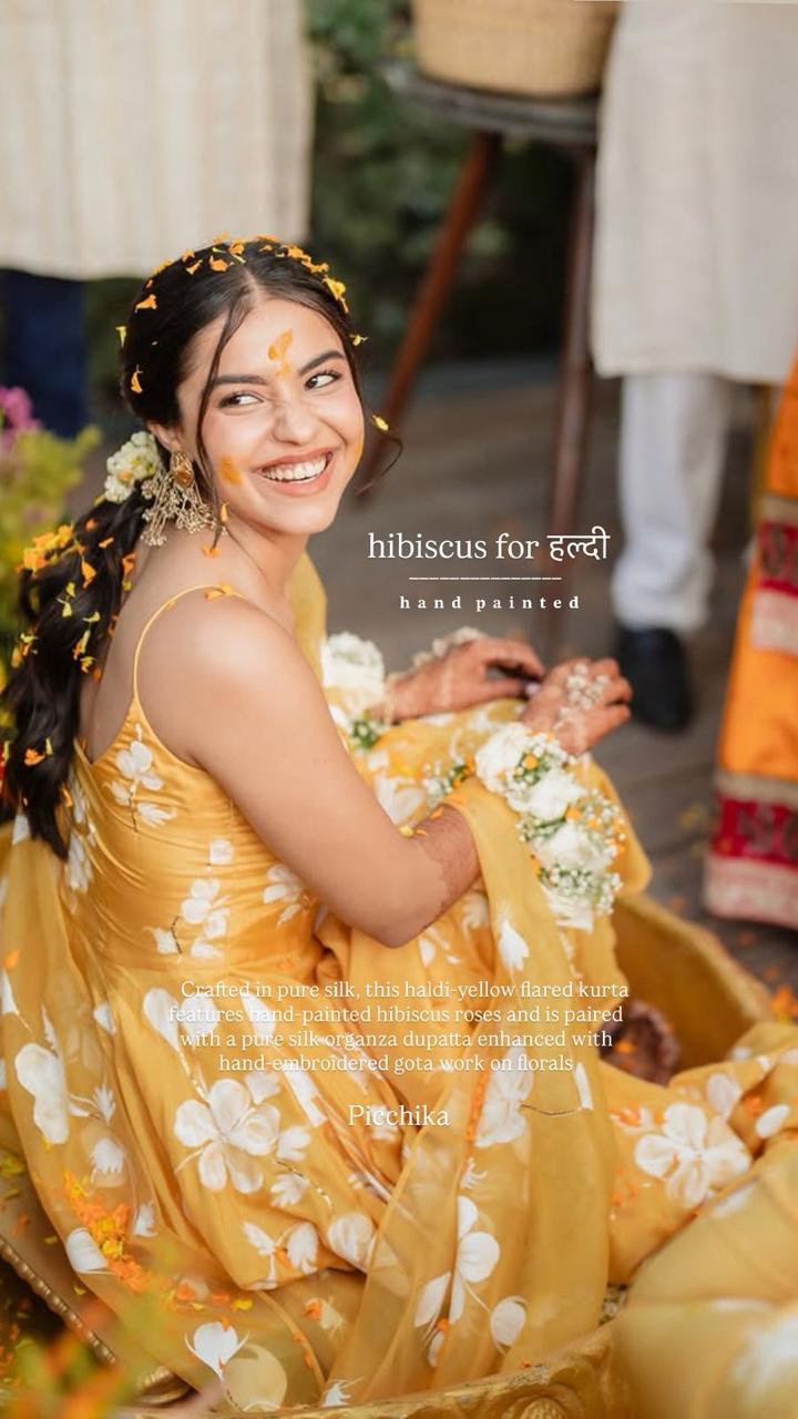 Hibiscus on Haldi Yellow Flared Silk Kurta