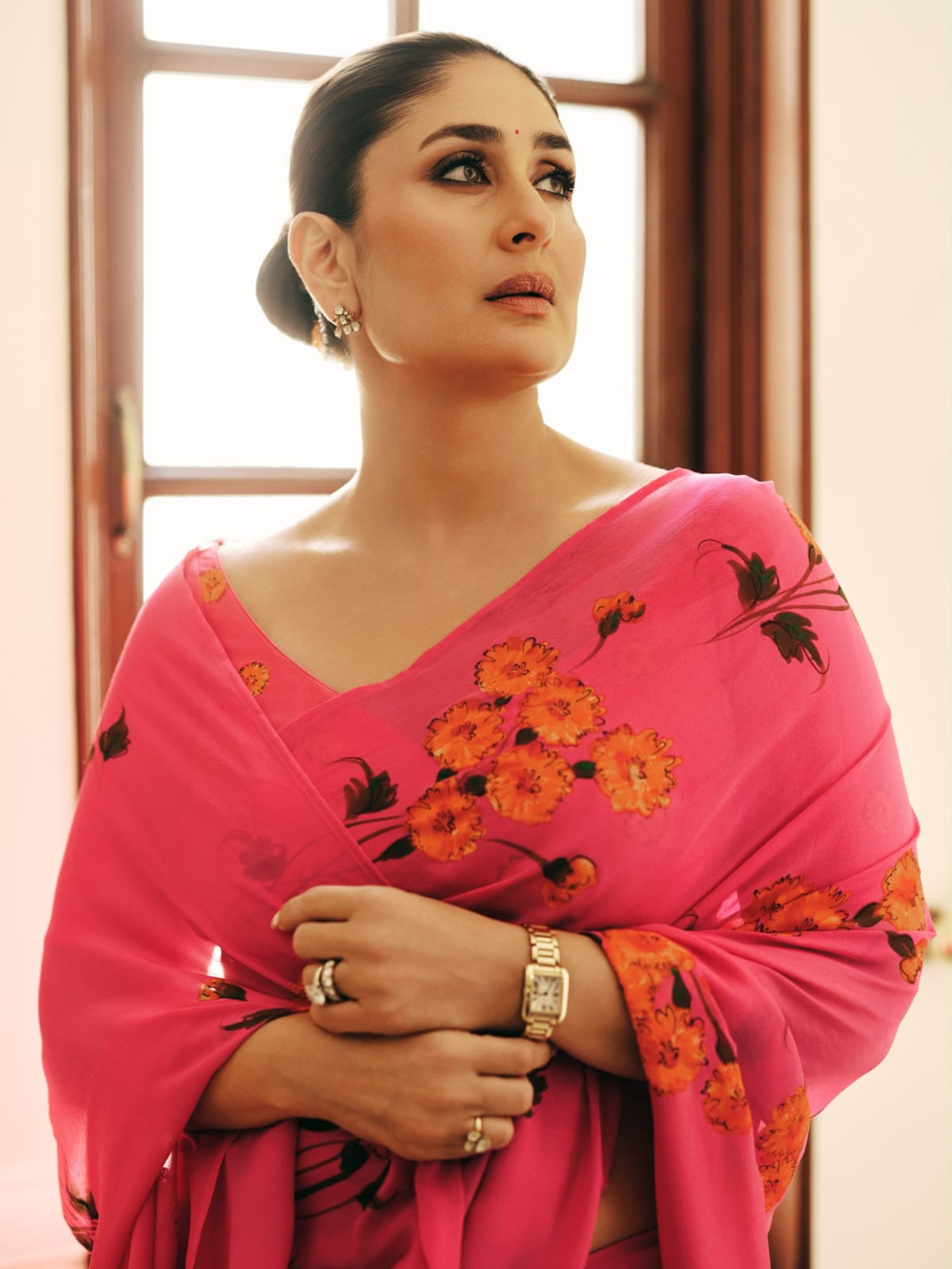 Kareena Kapoor in a custom marigolds on raspberry chiffon saree