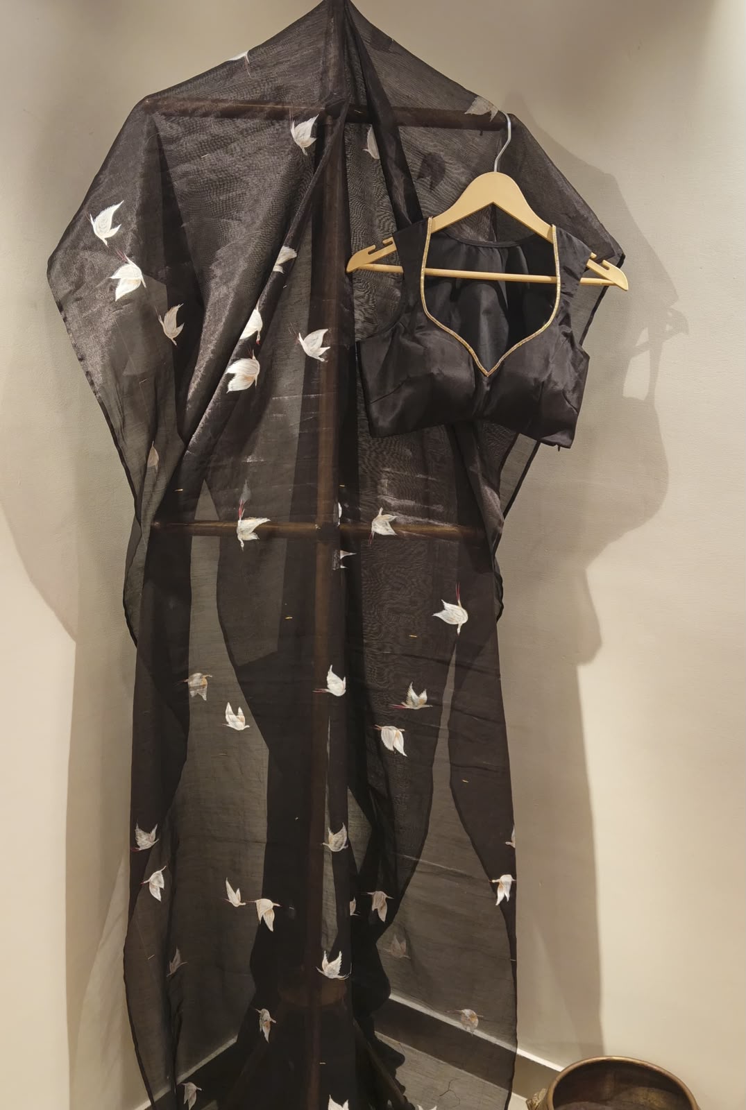 A Flock of Pearl Swans on a tissue saree in charcoal black