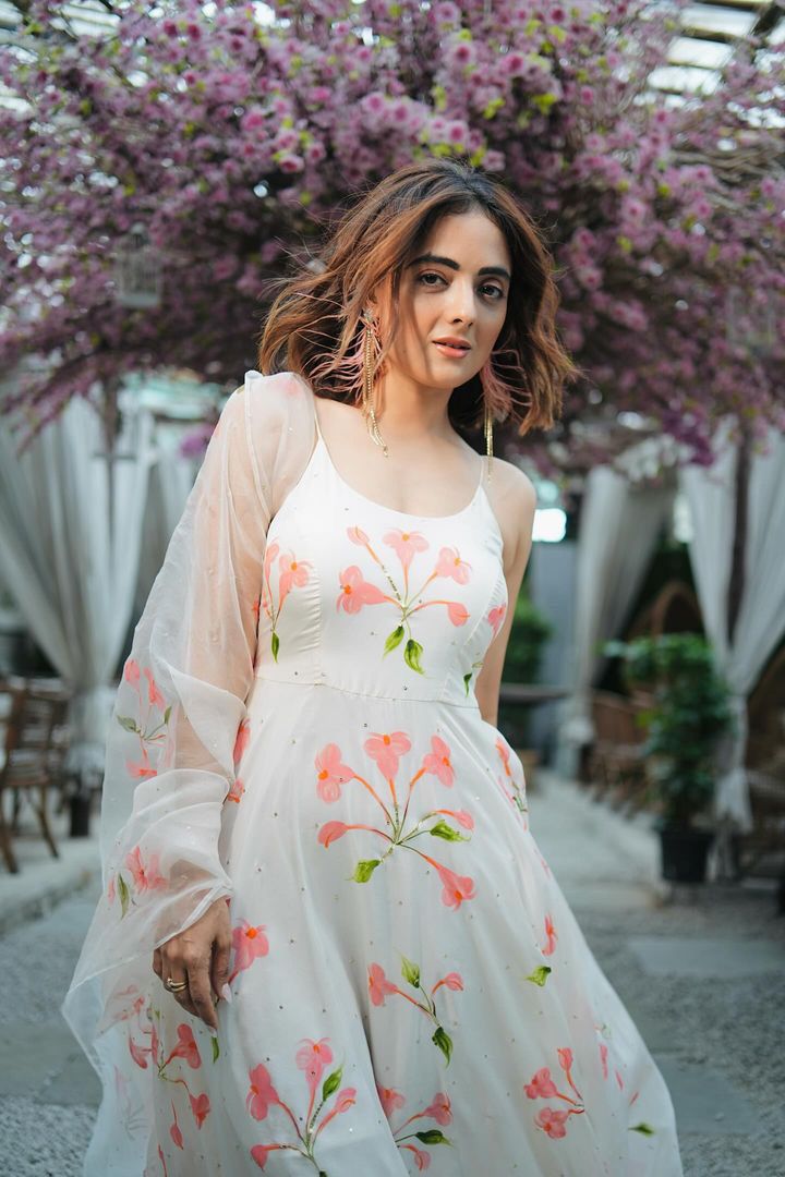 Peach elder flowers on silk Flaired kurta & organza duppata with sequins