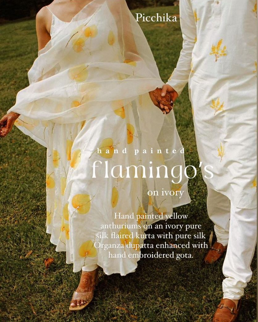Yellow Anthuriums on Ivory Flaired Silk Kurta