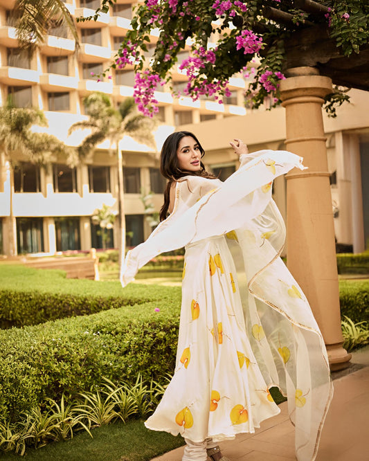 Yellow anthuriums on flaired kurta