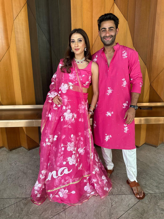 Hibiscus Roses on Raspberry Mens kurta with sequins