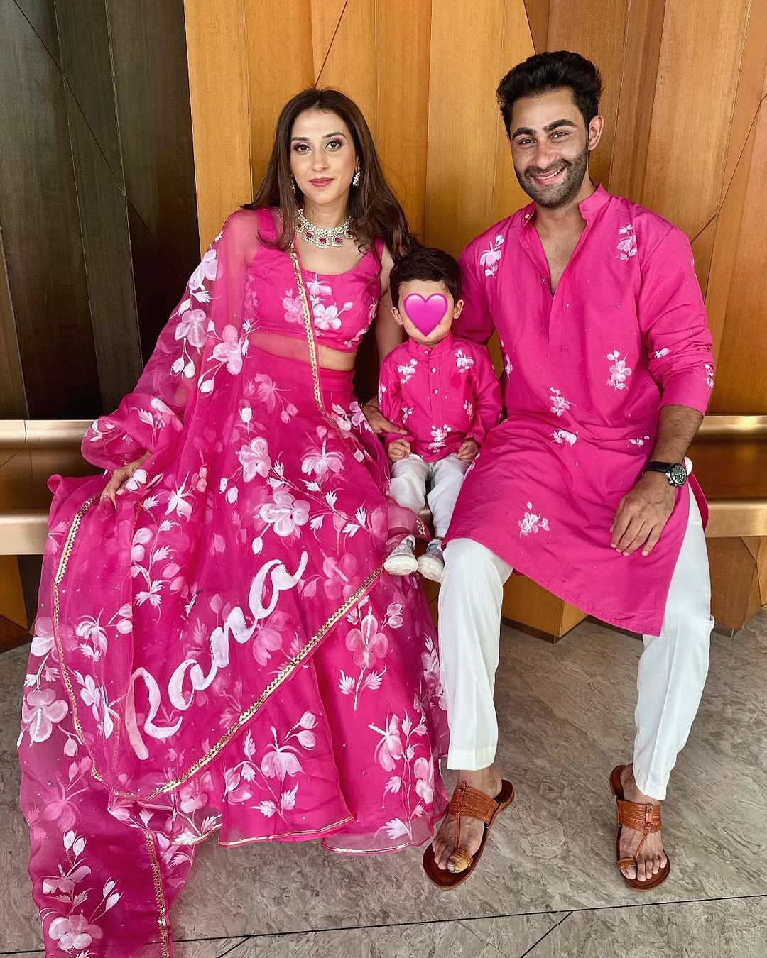 Hibiscus Roses on Raspberry Mens kurta with sequins