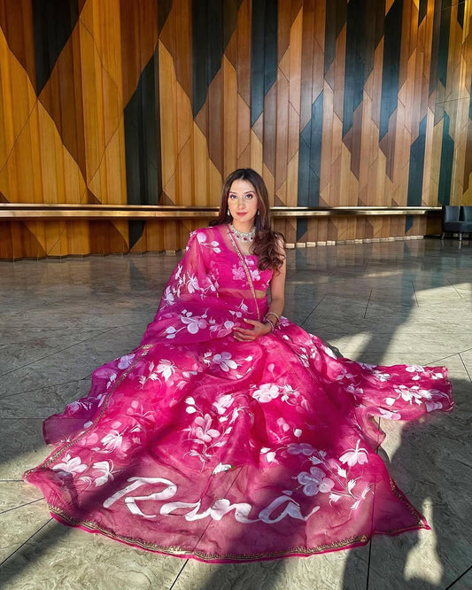 Hibiscus Roses on Raspberry Lehenga with Sequins & Border