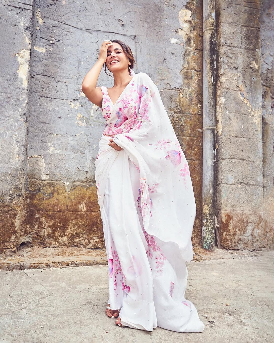 Cherry Blossoms with Butterflies on Silk Chiffon Saree with Sequins