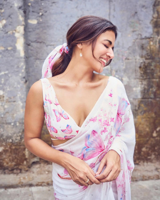 Cherry Blossoms with Butterflies on Silk Chiffon Saree with Sequins
