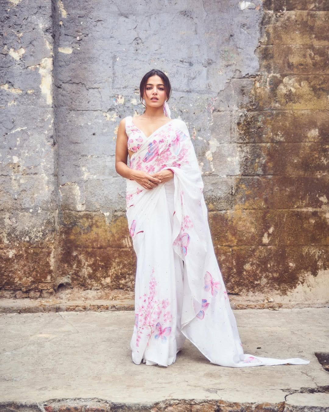 Cherry Blossoms with Butterflies on Silk Chiffon Saree with Sequins