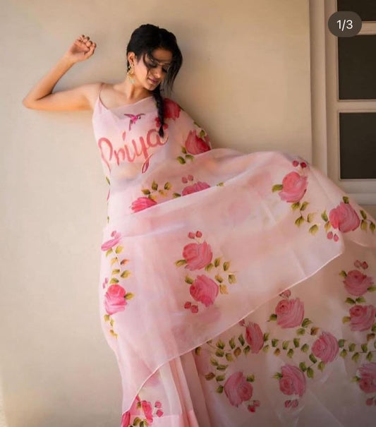 Custom Name on Rosepink Organza Saree