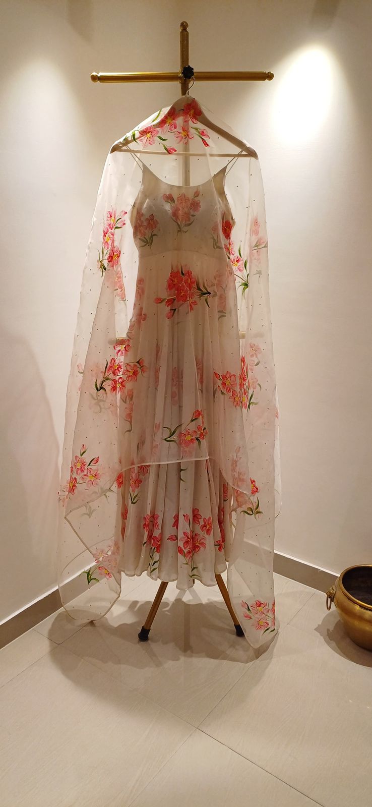 Cherry red lilies on dull ivory flaired kurta & organza duppata with sequins