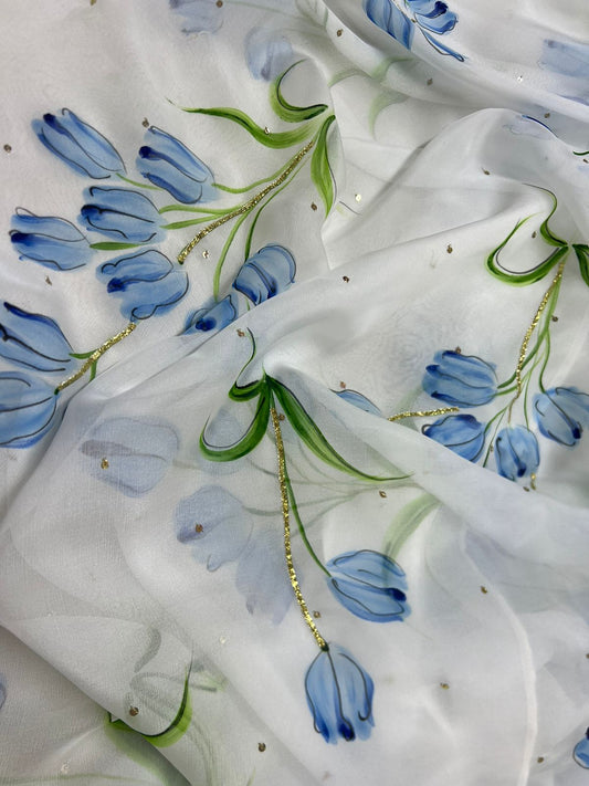 Blue Tulips on flat silk chiffon saree with Sequins