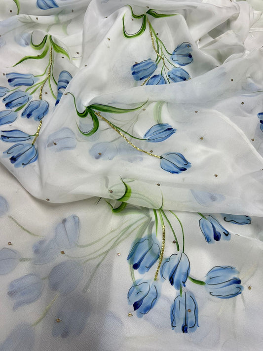 Blue Tulips on flat silk chiffon saree with Sequins