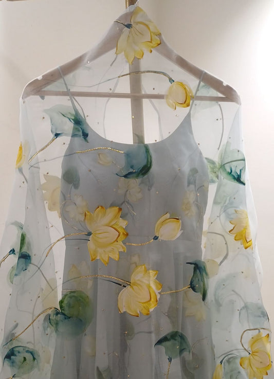 Lotus on powder blue silk flaired kurta set with Sitara’s