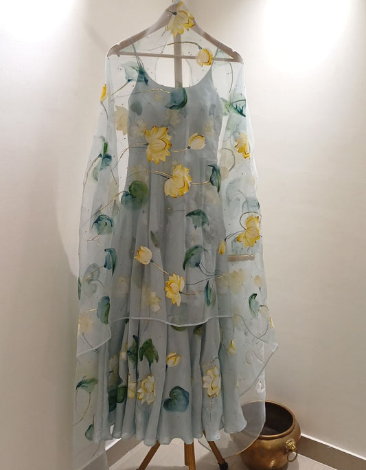 Lotus on powder blue silk flaired kurta set with Sitara’s