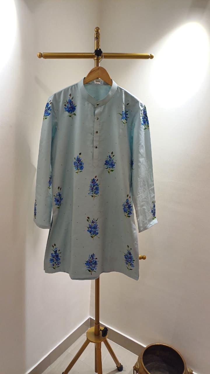 Blue Muscari flowers on Powder Blue Mens kurta with Sitara's