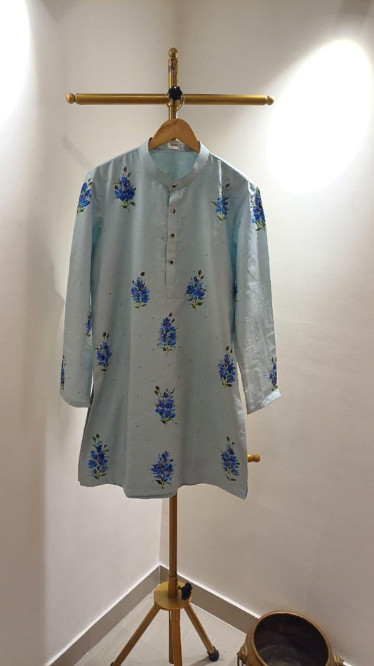 Blue Muscari flowers on Powder Blue Mens kurta with Sitara's