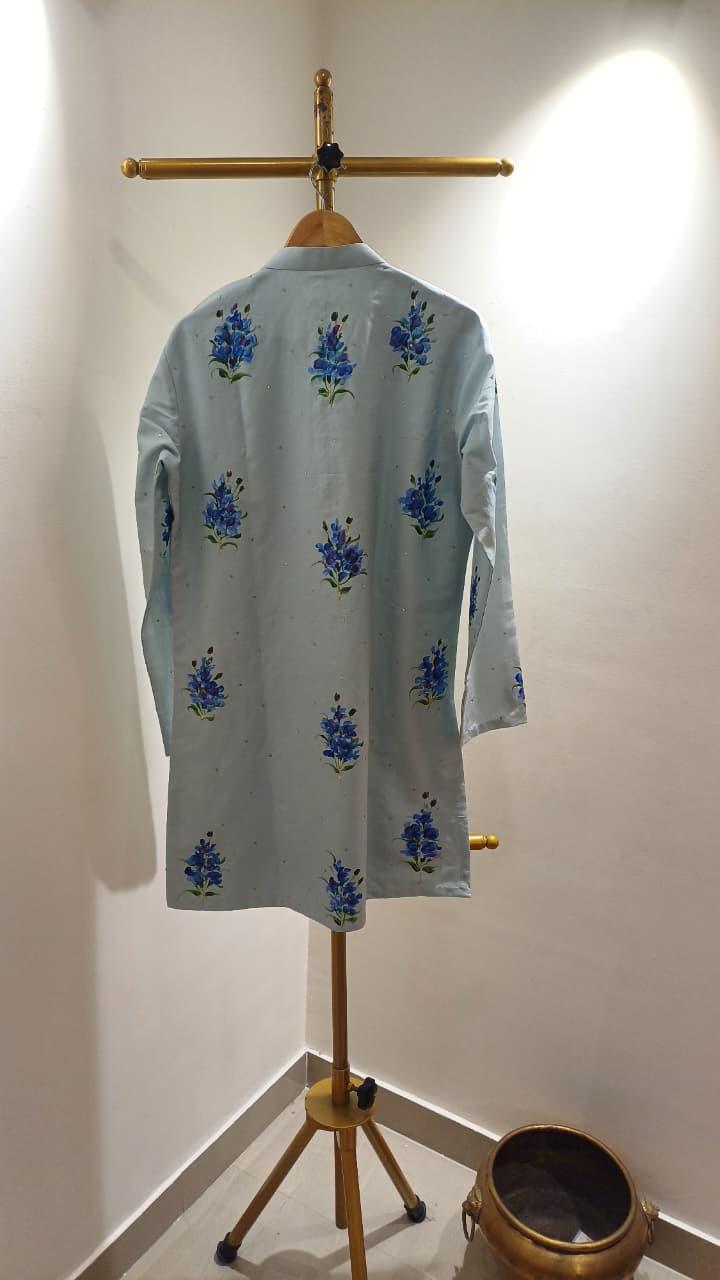 Blue Muscari flowers on Powder Blue Mens kurta with Sitara's