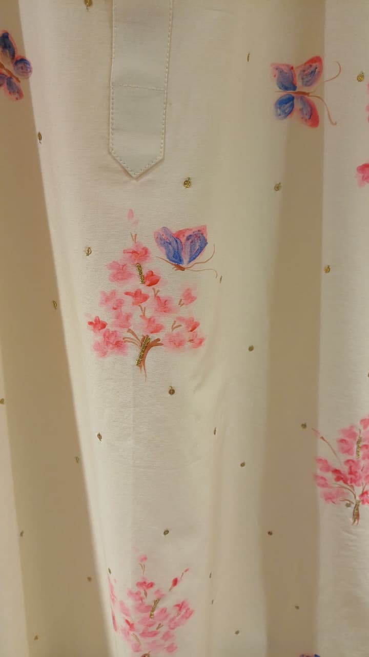 Cherry blossom with Iridescent Butterflies with Sitara’s on a dull ivory Mens kurta