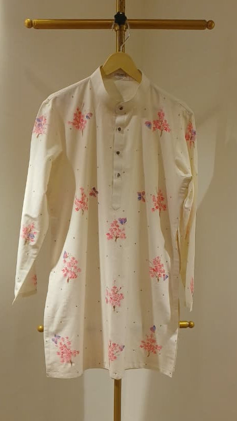 Cherry blossom with Iridescent Butterflies with Sitara’s on a dull ivory Mens kurta