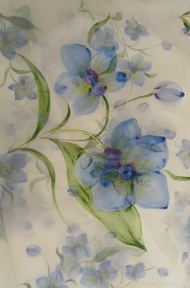 Blue orchids on dull ivory organza saree