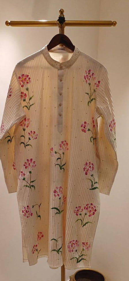 Carnations on dull ivory Mens kurta with Pin tucks & minimal Sitara’s
