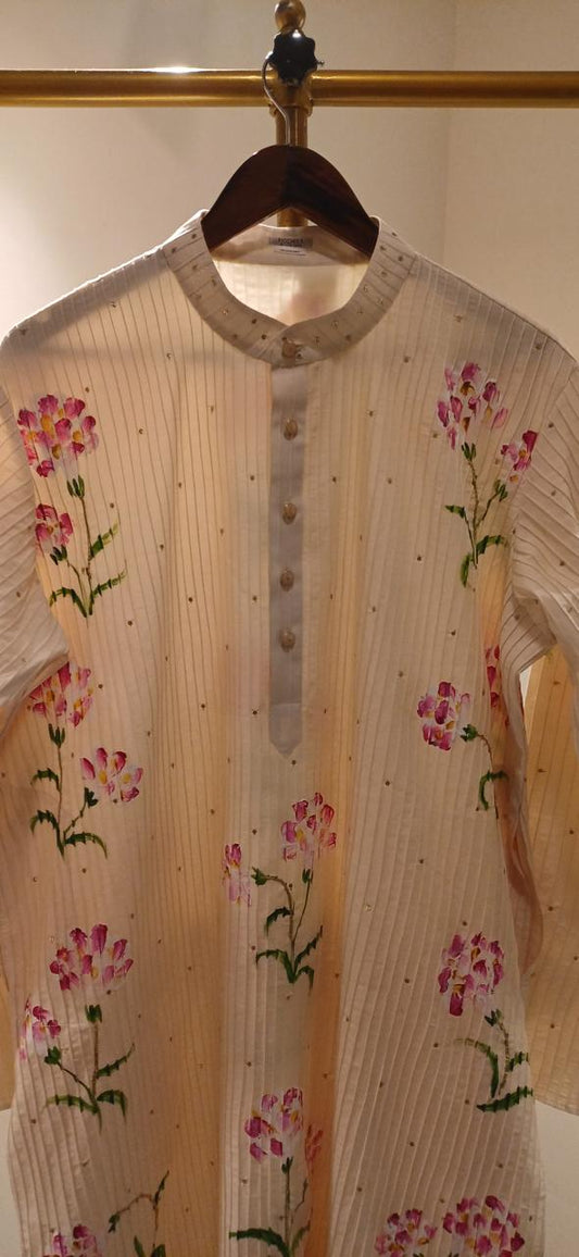 Carnations on dull ivory Mens kurta with Pin tucks & minimal Sitara’s