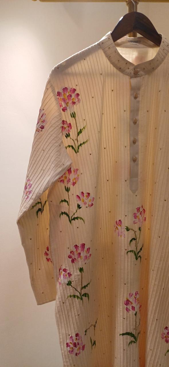Carnations on dull ivory Mens kurta with Pin tucks & minimal Sitara’s