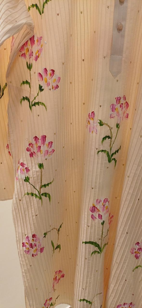 Carnations on dull ivory Mens kurta with Pin tucks & minimal Sitara’s