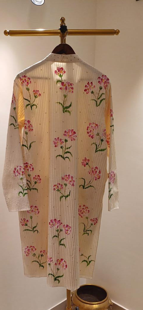 Carnations on dull ivory Mens kurta with Pin tucks & minimal Sitara’s