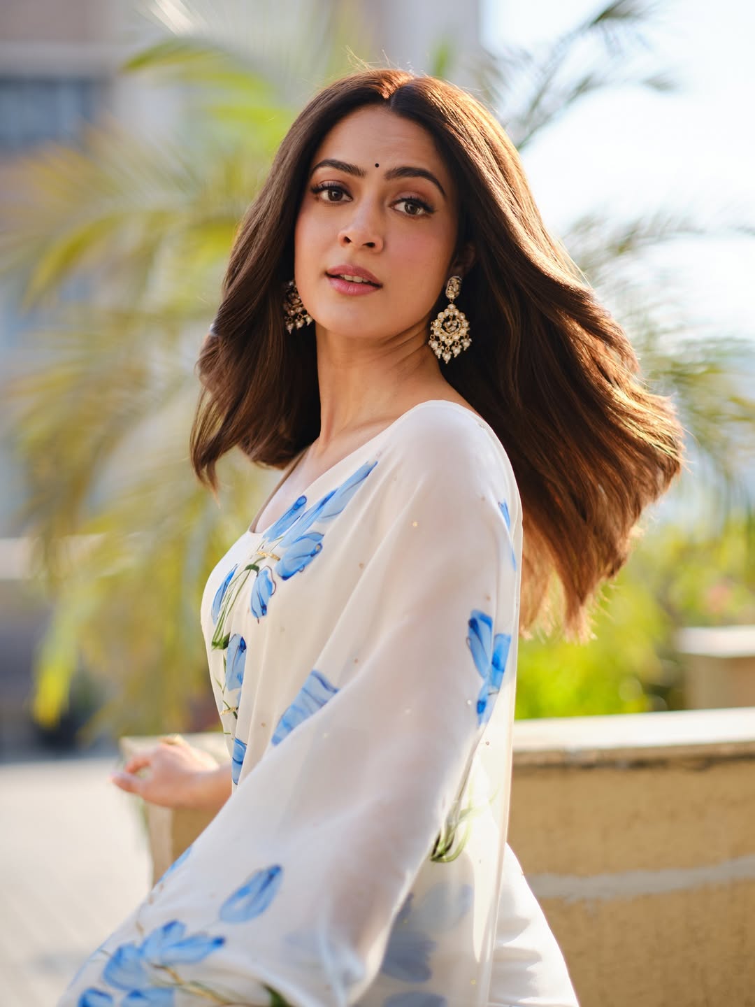 Blue Tulips on flat silk chiffon saree with Sequins