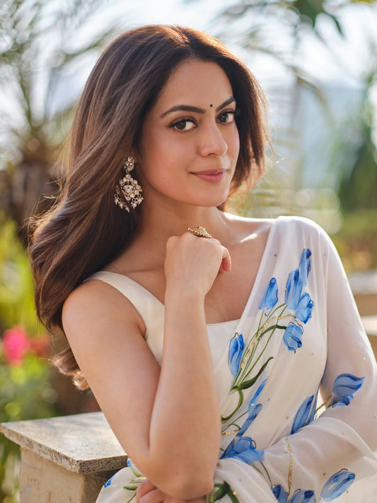 Blue Tulips on flat silk chiffon saree with Sequins