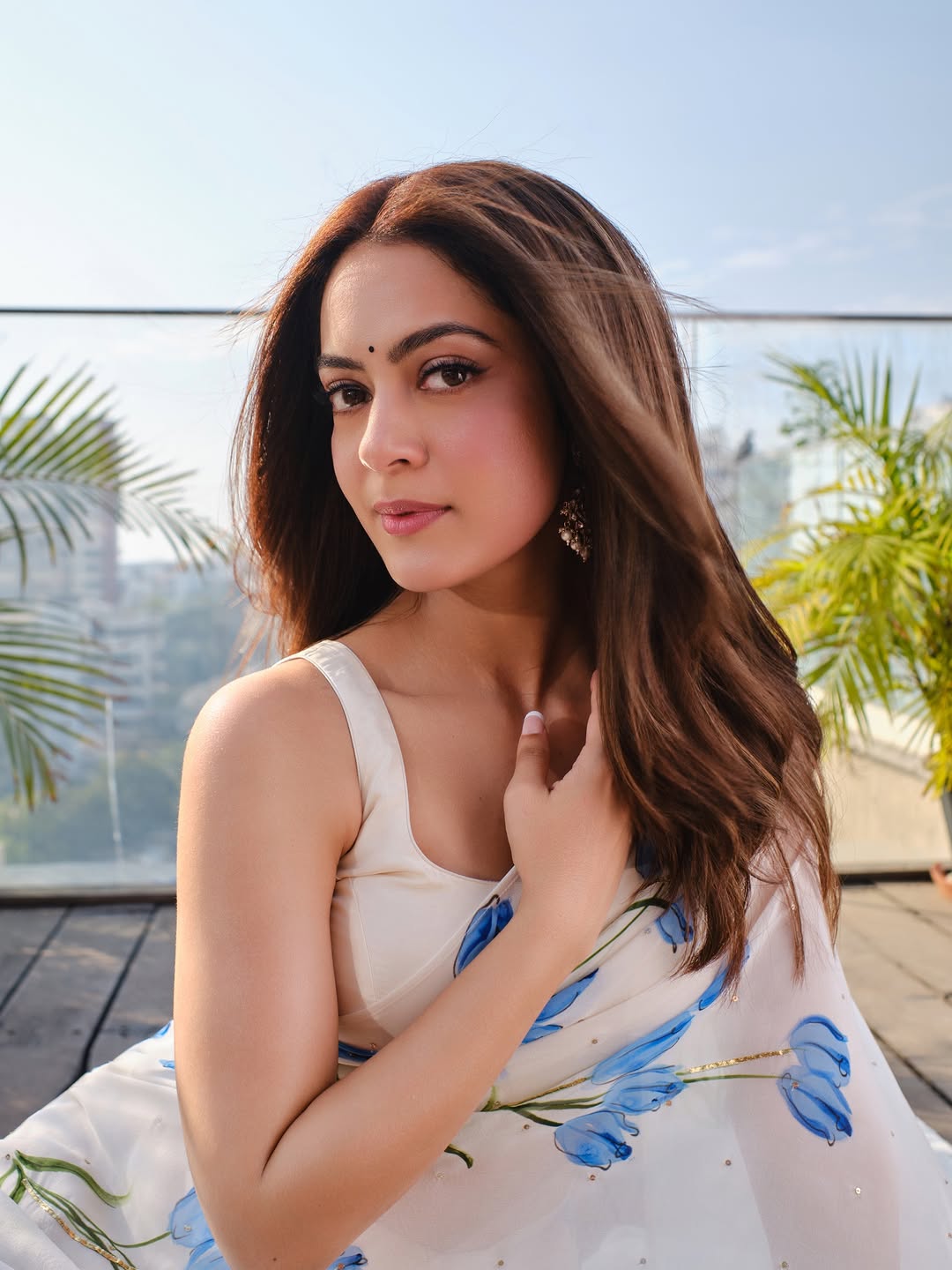 Blue Tulips on flat silk chiffon saree with Sequins