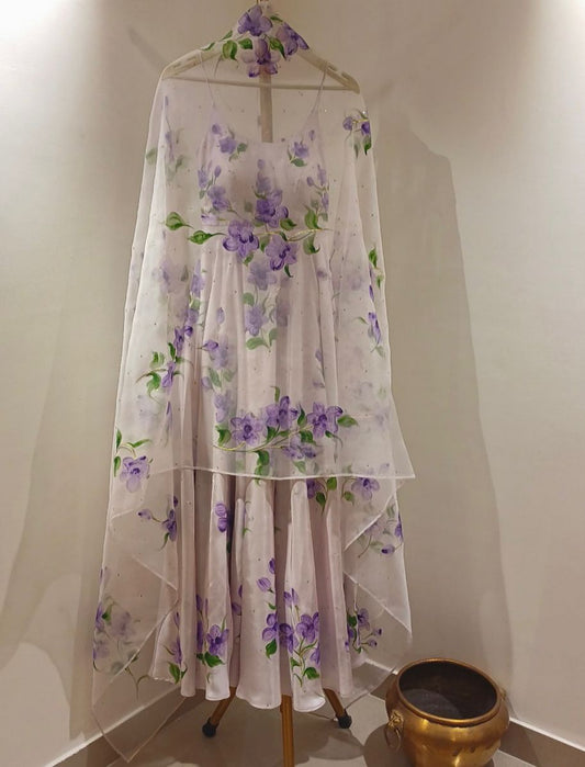 Orchids on dull ivory silk flaired kurta  with Sitara’s