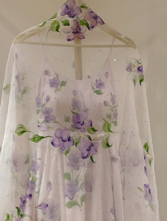 Orchids on dull ivory silk flaired kurta  with Sitara’s