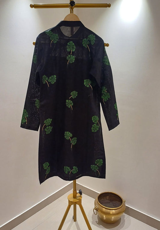 Monstera leaves on black linen Mens kurta
