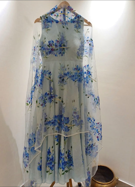 Muscats flowers on powder blue silk flaired kurta , organza duppata with pearl border & sitaras