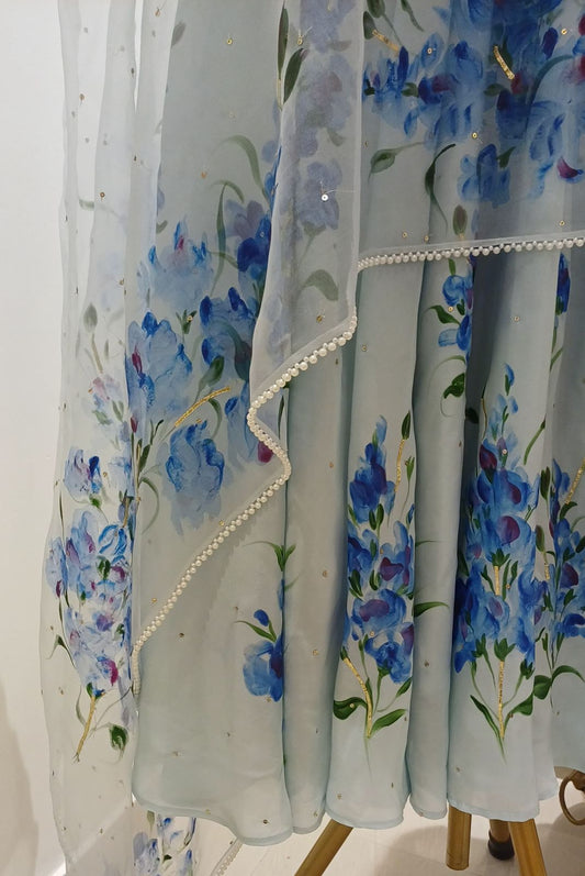 Muscats flowers on powder blue silk flaired kurta , organza duppata with pearl border & sitaras