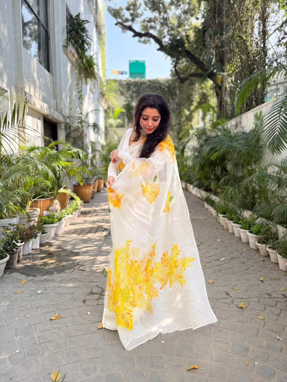 Yellow Muscari flowers on Ivory Organza Saree