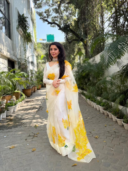Yellow Muscari flowers on Ivory Organza Saree
