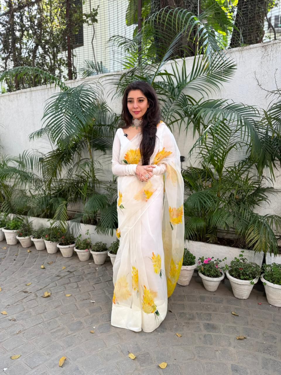 Yellow Muscari flowers on Ivory Organza Saree