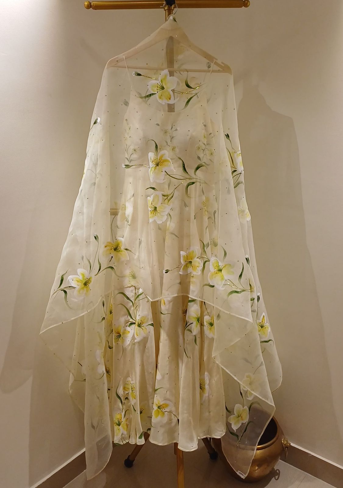 Lilies on butter yellow silk flaired kurta , duppata with sequins Sitara’s