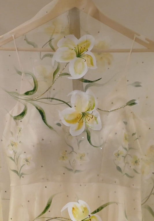 Lilies on butter yellow silk flaired kurta , duppata with sequins Sitara’s