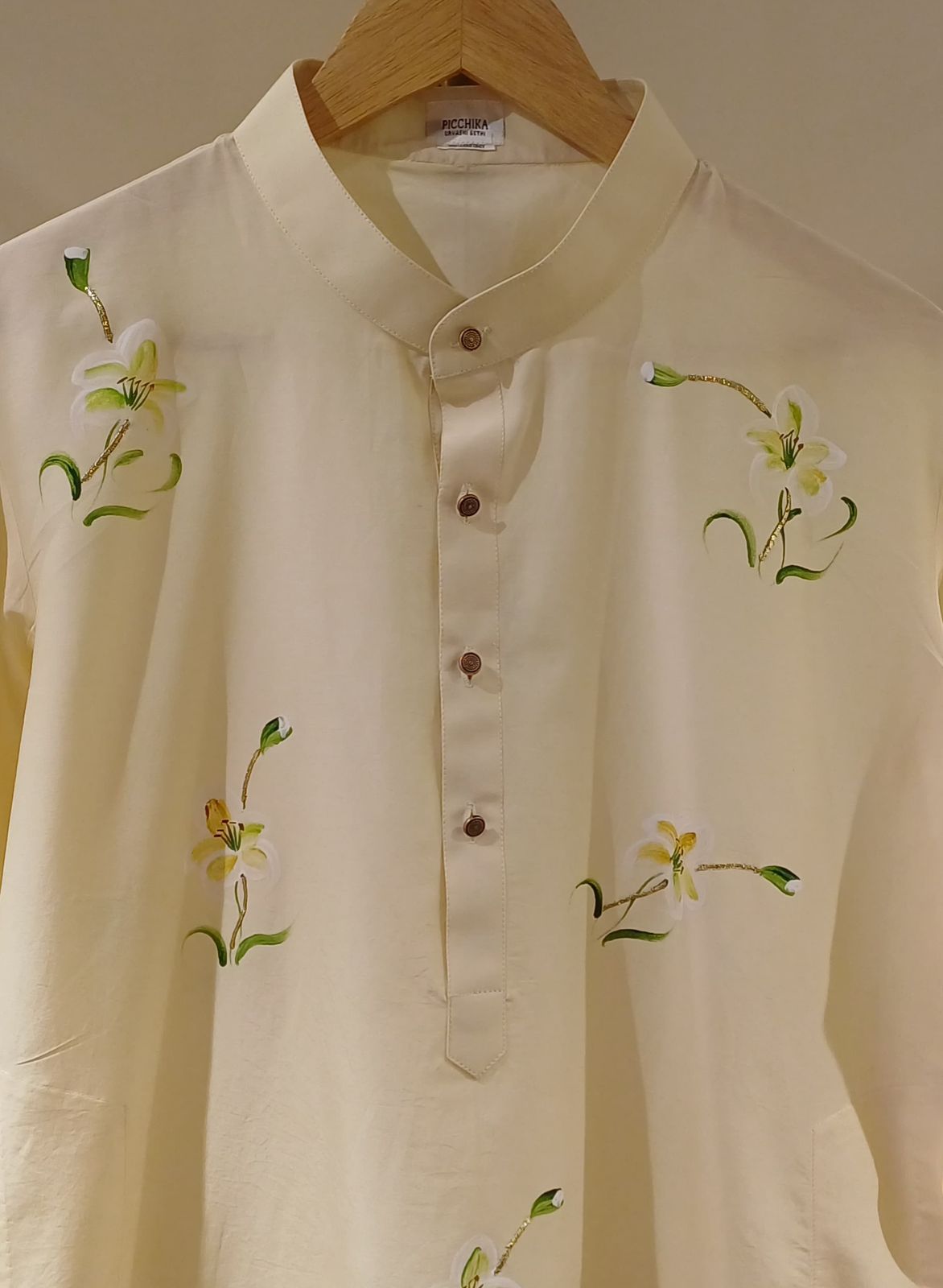 Lilies on Butter Yellow Mens kurta