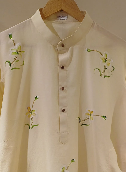 Lilies on Butter Yellow Mens kurta