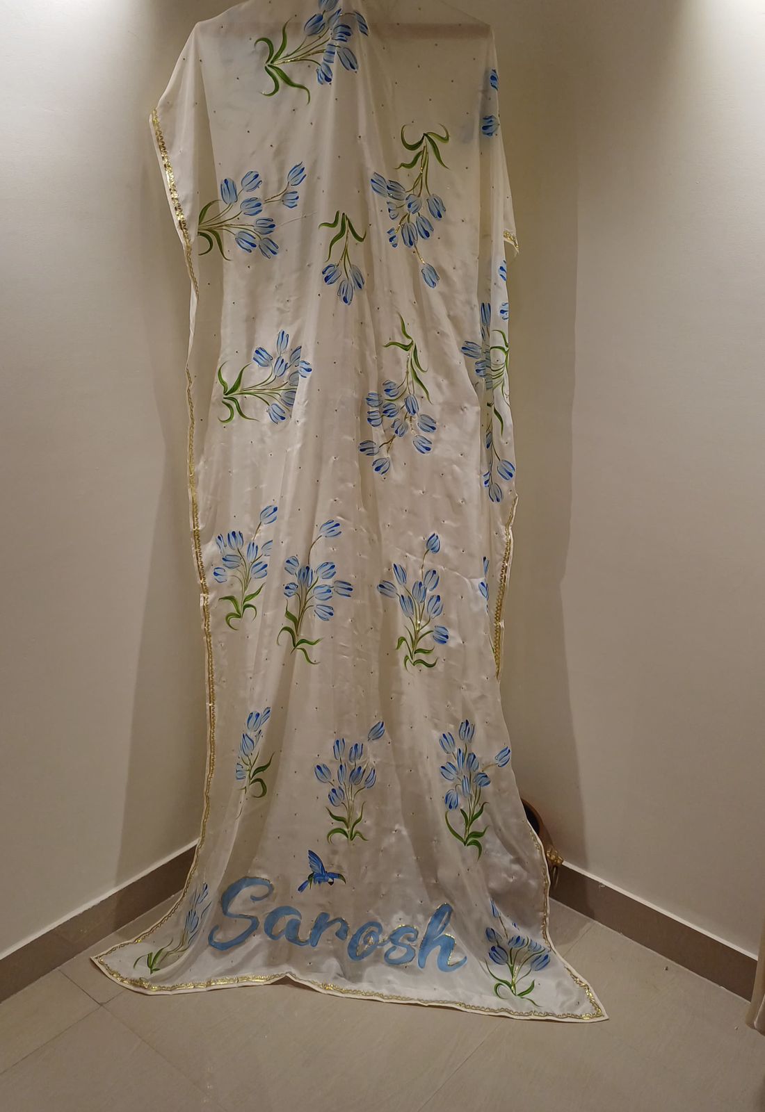 Tulips on Ivory flat chiffon saree with custom name & Sequins