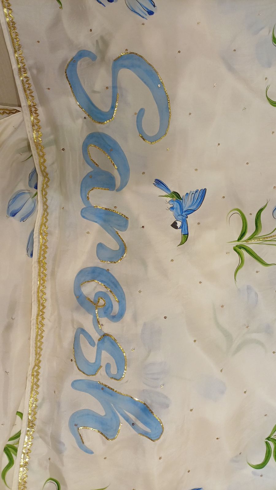 Tulips on Ivory flat chiffon saree with custom name & Sequins