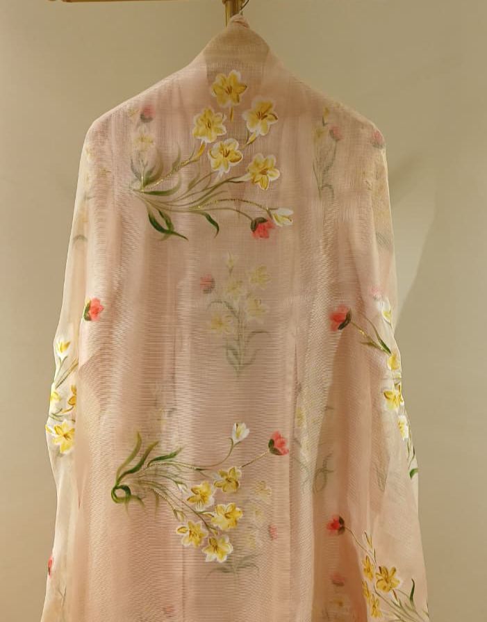Tuber Roses on Dusky Rose pure silk Kurta