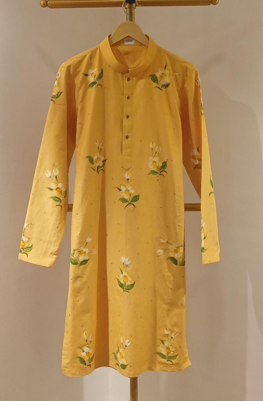 Orchids on Haldi Yellow Mens kurta with  Sitara’s